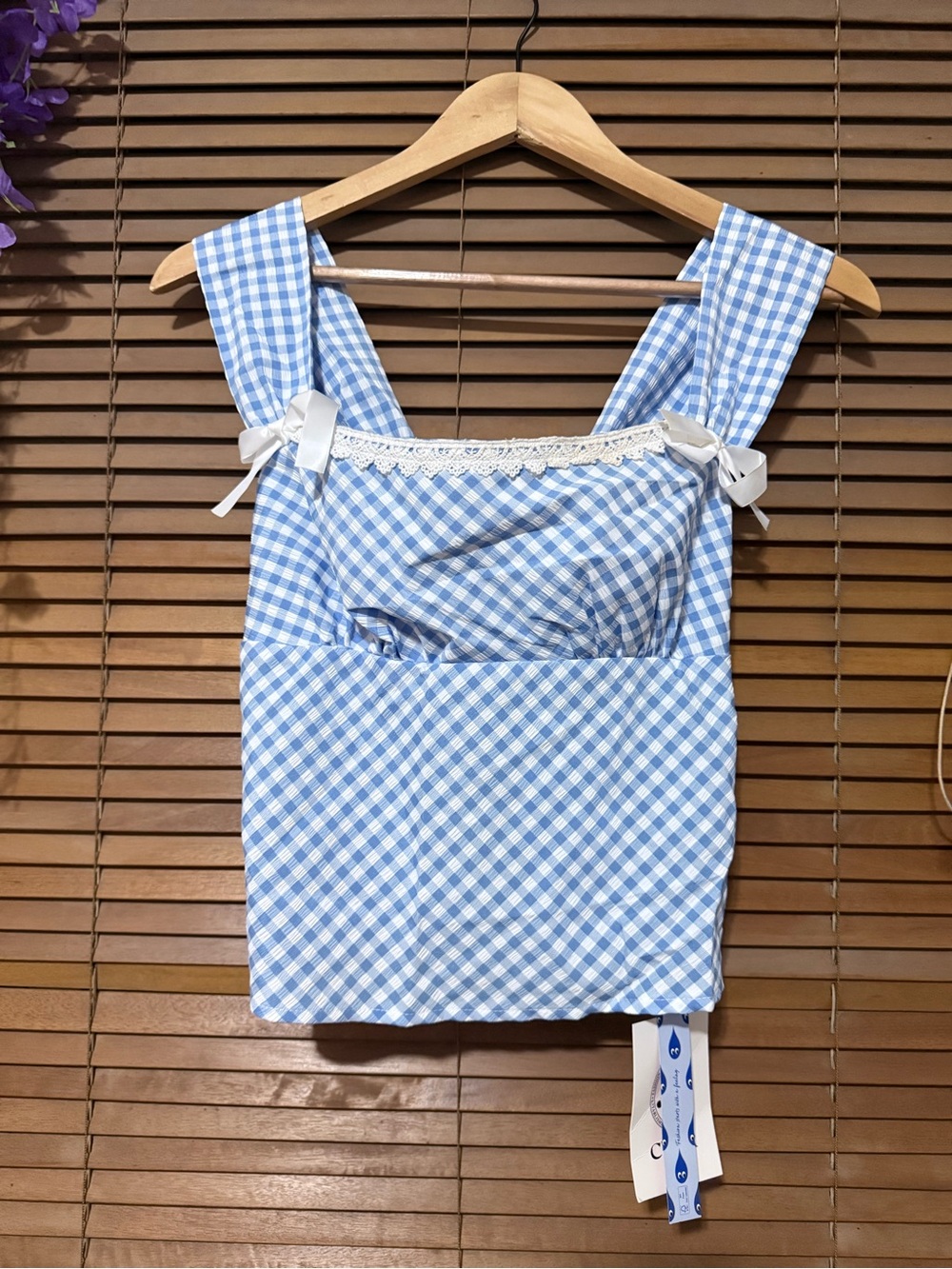 Blue Gingham Tie-Shoulder Square Neck Women's Top